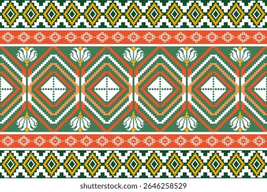 Traditional northern Thai textile pattern in pixel art style, featuring colorful geometric and ethnic designs inspired by local cultural heritage.