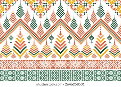Traditional northern Thai textile pattern in pixel art style, featuring colorful geometric and ethnic designs inspired by local cultural heritage.