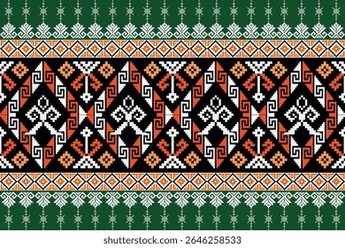 Traditional northern Thai textile pattern in pixel art style, featuring colorful geometric and ethnic designs inspired by local cultural heritage.