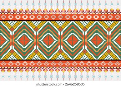 Traditional northern Thai textile pattern in pixel art style, featuring colorful geometric and ethnic designs inspired by local cultural heritage.