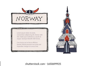 Traditional Norway church. Vintage card template, banner with inscription and viking helmet. Old wooden temple vector illustration. Hand drawn Nordic culture concept travel brochure in doodle style.