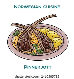 A traditional Norwegian dish called pinnekjott, consisting of lamb ribs cured with salt and pepper and then smoked over birch branches