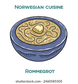 A traditional Norwegian dish called Rommegrot, a sweet and creamy porridge made with semolina, milk, and sugar, served in a bowl on a white background.