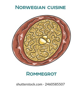 A traditional Norwegian dish called Rommegrot, a sweet and creamy porridge made with semolina, milk, and sugar, served in a bowl on a white background.