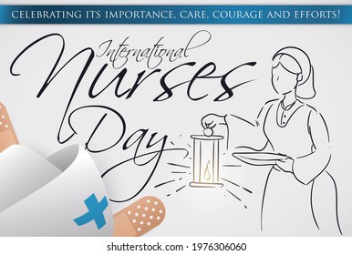 Traditional nurse with lamp drawing, medical plasters and hat with blue cross ready to celebrate International Nurses Day