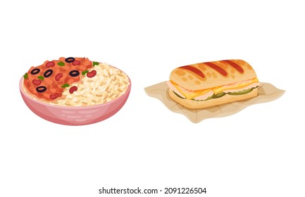 Traditional nutritious tasty dishes served on plates set. Rice with stewed vegetables and sandwich vector illustration