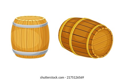 Traditional oak wooden barrels for wine, rum, beer, cognac, whiskey storage vector illustration