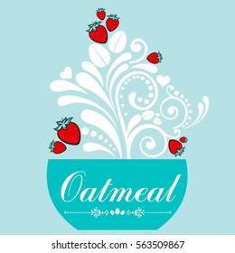 Traditional oatmeal breakfast bowl with milk and sugar. Vector Illustration