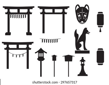 traditional object in japan, japan gate, fox mask, fox sculpture, label and banner, lamp and lantern. In black silhouette icon style isolated on white background