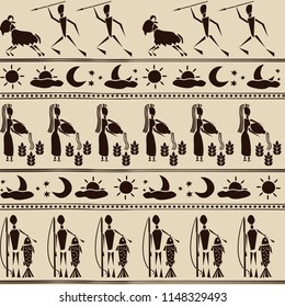 traditional occupations of ancient caveman people, agriculture, fishing, hunt, stylization of wall painting, seamless background