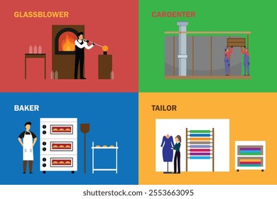 Traditional Occupations: Glassblower, Carpenter, Baker, and Tailor 2d flat vector illustrations