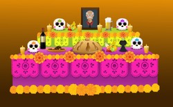Traditional Offering Of The Day Of Dead, In Mexican Customs, With Sugar Skulls, Bread, Food And Drinks As A Tribute To The Deceased.