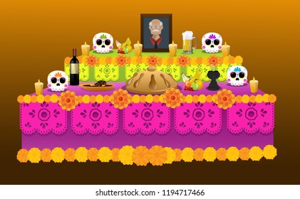 Oferta tradicional do Dia dos Mortos, nos costumes mexicanos, com crânios de açúcar, pão, comida e bebidas como um tributo ao falecido.