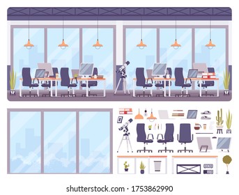 Traditional office workplace environment interior construction set, kit with modern furniture and equipment, constructor element to build your own design. Cartoon flat style infographic illustration