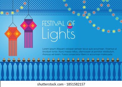 Traditional Oil Clay Lamps Arranged on railing along with Origami Paper Art & Craft Lantern Hanging with vintage light bulb in the strip line and LED strip lighting, for the festival of Happy Diwali.