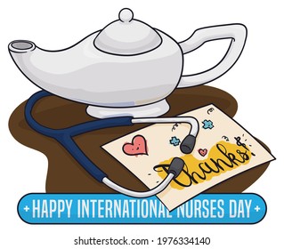 Traditional oil lamp with stethoscope and paper with cute doodle drawings and thanks message, to celebrate a happy International Nurses Day.