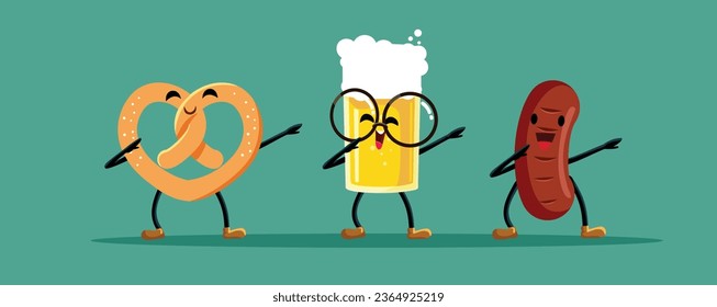 
Traditional Oktoberfest Celebration Foods and Drinks. Dancing Vector Cartoon
Happy cheerful characters celebrating at beer festival 
