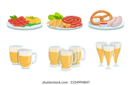 Traditional Oktoberfest Food and Beer Set, Glass Mugs of Light Beer, Sausages, Pretzel Vector Illustration