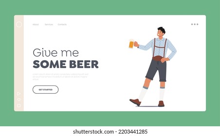 Traditional Oktoberfest German Beer Fest Landing Page Template. Male Character Wear Bavarian Costume Holding Beer Mug In Hand Celebrate German Festival. Cartoon People Vector Illustration