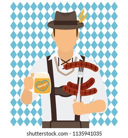 Traditional Oktoberfest man character with beer and sausages vector illustration