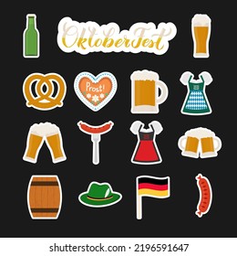 Juego tradicional de stickers de Oktoberfest. Pan de jengibre en forma de corazón, pretzel, taza, gafas, botella, salchicha, riñón, barril, sombrero alpino. Festival tradicional de cerveza bávara. 