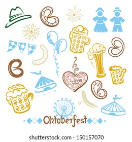 Traditional Oktoberfest symbols, german food and drink vector set.