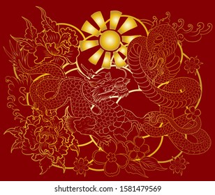 Traditional old dragon battle snake vector for tattoo design on background.Chinese dragon fighting snake with sunrise and flower for printing on t-shirt.Idea for coloring book illustration on isolated