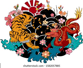 Traditional old dragon battle tiger vector for tattoo design on background.Chinese dragon fighting tiger with sunrise and flower for printing on t-shirt.Idea for coloring book illustration on isolated