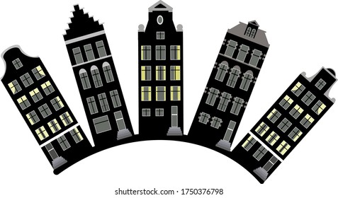 A traditional old european houses black silhouette. Amsterdam houses.
