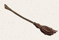 Traditional Old Fashioned Broom Made From Twigs With A Long Wooden Handle. Flying Broomstick For Witch. Halloween Accessory Object In Vintage Style.