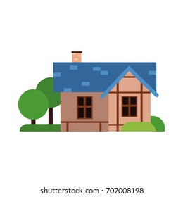 Traditional old house with blue roof, ancient architecture building vector Illustration