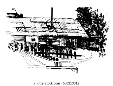 Traditional old rural barn in the countryside. Hand-drawn vector illustration in vintage style. Ink drawing illustration made by hand.
