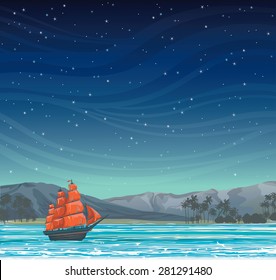 Traditional old sailboat with red sails and tropical island on a starry night sky.