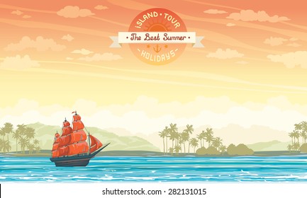 Traditional old sailboat with red sails and tropical island on a sunset sky. Summer holiday vector card.