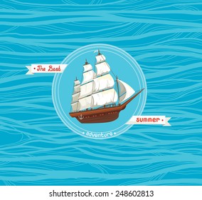 Traditional old sailboat with white sails on a blue sea. Card of the summer adventures.