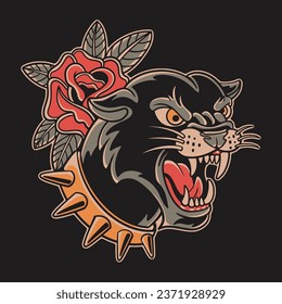 traditional old school tattoo black panther with rose vector illustration