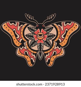 traditional Old School Tattoo butterfly with flower eye in Vector Illustration