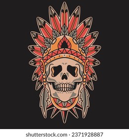 traditional old school tattoo Indian skull in vector illustration