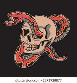 traditional old school tattoo skull with snake in vector illustration