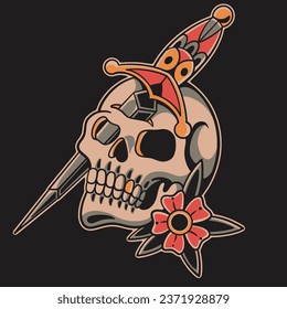 traditional old school tattoo skull knife flower in vector illustration