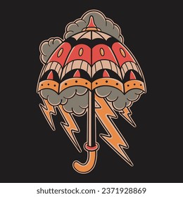 traditional old school tattoo umbrella lightning in vector illustration