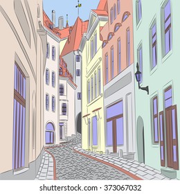 Traditional old street in the historical center of Tallinn.
