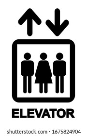 A traditional old style elevator or lift sign with male and female characters with up and down arrowson a white background