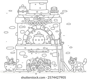 Traditional old village kitchen oven with pots and a funny spotted cat searching a sly domestic mouse, black and white outlined vector illustrations for a coloring book