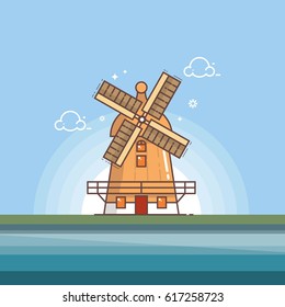 Traditional old windmill building line vector illustration