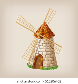 Traditional old windmill building single object color painted concept. Vector illustration