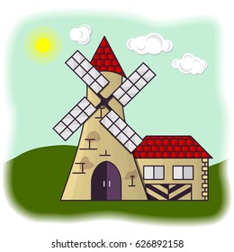Traditional old Windmill. Vector Illustration with flat color style.
