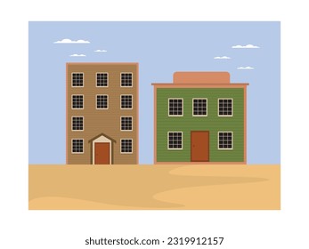 Traditional old wooden city buildings in the west such as office, store and saloon, desert cityspace. Flat illustration