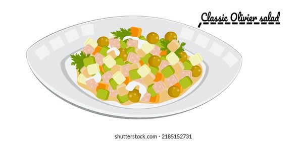 Traditional Olivier salad.Foodstuffs. Vector. Graphics. Recipes. Cooking. 