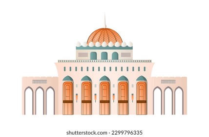 Traditional Oman building. Oriental architecture, exterior and facade. Historical landmark, large white marble temple or building with orange dome. Cartoon flat vector illustration